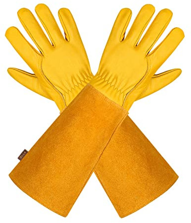 isilila Leather Gauntlet Gardening Gloves for Women & Men, Breathable Thorn Proof Cowhide Gloves with Long Sleeves, Durable Rose Pruning & Farm Work Gloves for Gardener, Farmer (Large, Yellow)