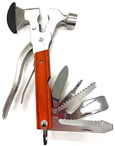 Axt-Multiool, Axt mit Hammer, Messer, Mehrlager, Flachkopf- und Kreuzschraubendreher, Feilen, Drahtschneider S/Stahl - Camper Notfall-Werkzeug - Survivor-Werkzeug - Tragetasche/Schnalle
