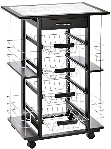 HOMCOM Chariot de Service desserte de Cuisine à roulettes Multi-rangements 4 paniers métal tiroir + 4 Range-Bouteilles Bois pin Noir Plateau carrelé Blanc
