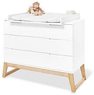 Pinolino Wickelkommode Bridge breit, mit abnehmbarem Wickelaufsatz, 3 Schubkästen, Self-Soft-Close, edelmatt und Massive Esche