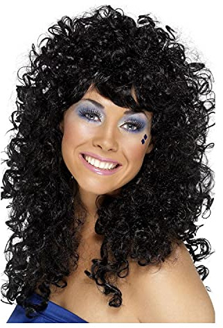 PAPSTAR NEU Perücke Damen Langhaar mit kleinen Locken, Boogie Babe, schwarz - mit Haarnetz