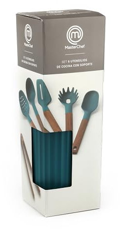 Master Chef Junior - Set de Utensilios de Cocina 6 Piezas de Madera y Silicona - Ideal para Cocinar - Color Azul Pavo
