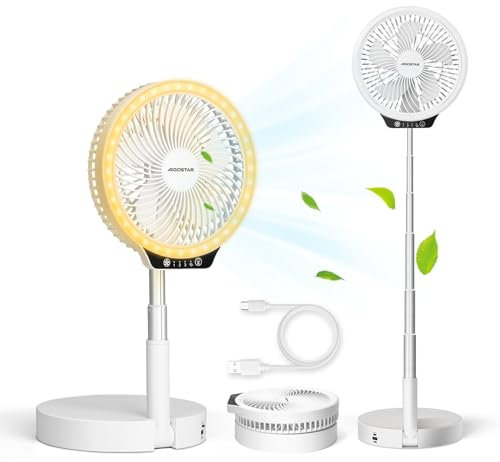 Aigostar Paula - Ventilador de pie portátil plegable, 8000mAh ventilador usb, ventilador con altura ajustable hasta 1m y aro de luz LED. Autonomía 22h y 4 Velocidades