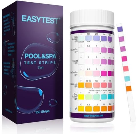 EASYTEST 150 Tiras Reactivas de Prueba Piscina y Spa 7 en 1, Tiras Para Bañera de Hidromasaje pH Prueba, Alcalinidad, Dureza Total, Medidor Cloro Libre, Acido Cianurico,Cloro y Bromo