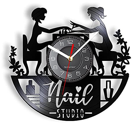 Smotly Vinyl Wanduhr, Nagel Salon Muster Vintage Wanduhr , Leise Wanduhr Home Decor Geschenk.(Ohne Licht)