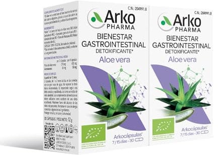 Arkopharma Arkocápsulas Aloe Vera BIO Pack x2-60 Cápsulas, Bienestar Gastrointestinal y Digestivo, Detoxificante, Favorece la Digestión, Complemento Alimenticio