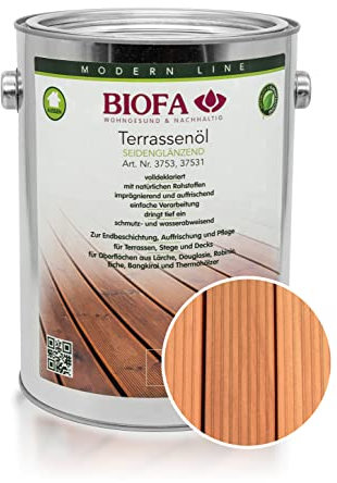 BIOFA Terrassenöl farbig 37531 Pflegeöl für Holzterrassen und Terrassen-Dielen aus Holz – Öl aus natürlichen Rohstoffen - Außenbereich (2,5L, Lärche)