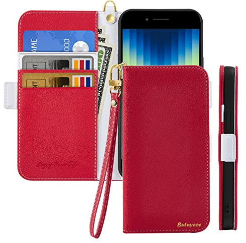 Butnyeoe Handyhülle für iPhone SE 2022/iPhone SE 2020/iPhone 8/iPhone 7 Klappbar Hülle,Litschi Textur Leder Wallet Schutzhülle Tasche Flip Cover Case Klapphülle mit Kartenfach,Rot