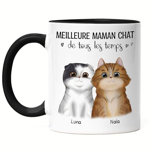 Kiddle-Design Propriétaire de chat Mug Noire personnalisé Cadeau Maman chat Amoureux des chats Slogan Nom Ami des chats Animal domestique 2 chats