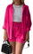 OEAK Damen Zweiteiler Outfit Sommer Freizeitanzug Einfarbig Revers Button Down Hemd und Shorts Set Casual Loungewear Hosenanzug Y2K Streetwear,Rosenrot,S