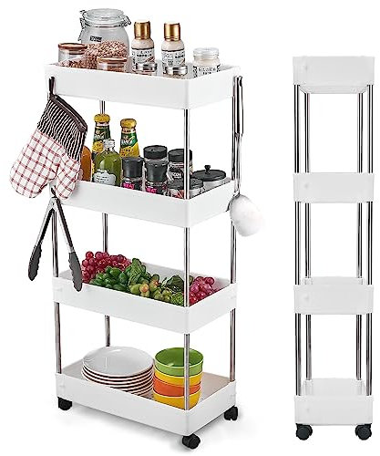 Wopeite Carrito Auxiliar con Ruedas Cocina, Carro de Almacenamiento Rodante de 4 Niveles, Multifuncional Organizador Carrito Cocina para baño, lavadero, Espacio Estrecho, Plástico, 40 x 22 x 86 cm