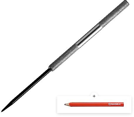 BAUHELD Anreissnadel Metall 180mm [Inklusive Tischler-Bleistift] - Reißnadel mit eingeschraubter Nadel - Anreißwerkzeug aus Stahl - Griffstück verchromt und Rändelung - Passende Schutzkappe