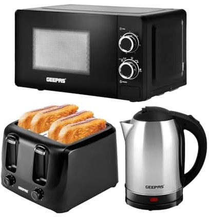 Geepas Electric Kettle 4 Slice Bread Toaster & Microwave Kitchen Set | 1500W 1.8L Cordless Jug Kettle | 1400W Toaster with 6 Level Browning Control | 700W Solo Manual Dial Microwave 20L | Stylish Set