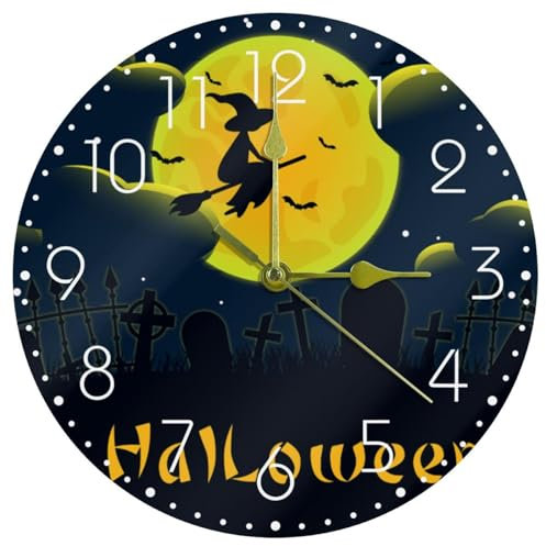 RODAILYCAY Reloj de pared silencioso sin tictac, esfera de acrílico circular, bruja de Halloween montando una escoba, movimiento ultra silencioso de cuarzo para sala de estar, dormitorio, cocina, casa