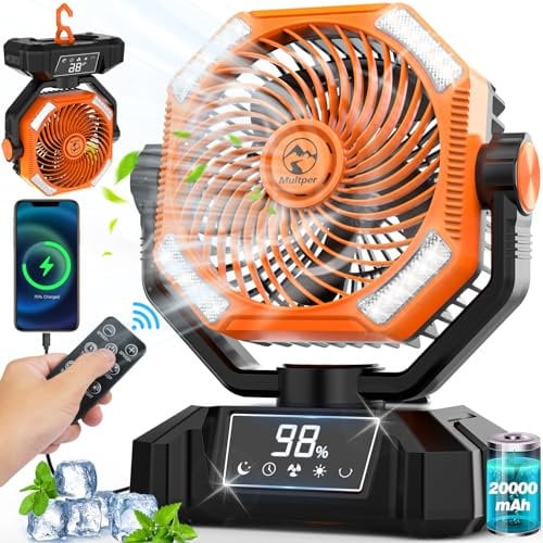 Camping Ventilador con Luz LED, 20000 mAh Recargable Vibración Automática Ventiladors para Tienda de Campaña al Aire Libre con Remoto, Ventilador de Escritorio USB de 5 Velocidades para Pesca,Picnic