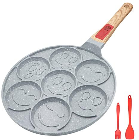 RANX INGST Sartén para Tortitas Induccion, Revestimiento Cerámico Antiadherente, Molde de Panquecas con Mango Extraíble 7 Agujeros 26 cm - Azul