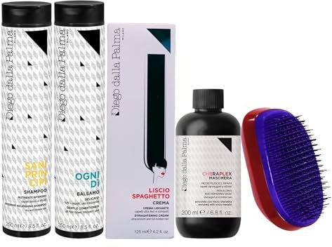 SET: Shampoo SANI PRINCIPI, Nutriente Intensivo 250ml + Balsamo OGNI Dì Delicato 250ml + Crema Lisciante LISCIO SPAGHETTO 125ml + Maschera CHERAPLEX, Ricostruisce e Ripara 200ml + Spazzola Scioglinodi