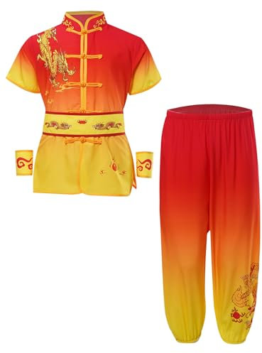 HULIJA Traje Wushu de manga corta para niños y niñas, parte superior de Kung Fu + pantalones largos + cinturón + puños, trajes tradicionales chinos de artes marciales, Rojo y amarillo., 134-140