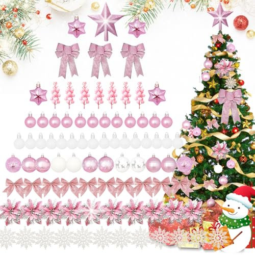 Weihnachtsbaum Deko,Christbaumschmuck Weihnachtskugeln,88 Stück Rosa Weihnachtsbaumschmuck mit Weihnachtsblumen,Schneeflocken,Schleife,Baumspitze Stern zum Weihnachtskranz, Weihnachtsgirlande Deko