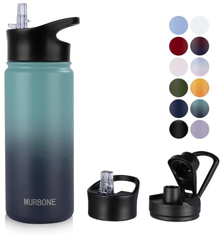 MURBONE Insulated Water Bottle, 500ml Stainless Steel Drink Flask with Straw, BPA Free, 2 Lids (Straw Lid and Spout Lid), Leakproof Double Walled Vacuum Water Bottle, Green Blue Gradient