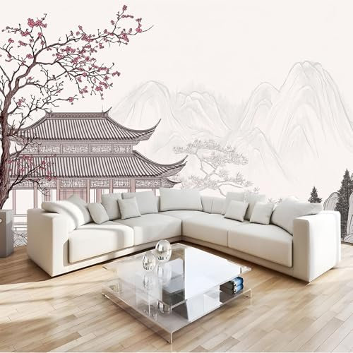 Fototapete Architektur Chinesischen Berge Pflaumenblüten Tapete Wandtapete Wanddeko Design 400x280 cm Mustertapete Wand Dekoration Wohnzimmer Schlafzimmer Büro Flur