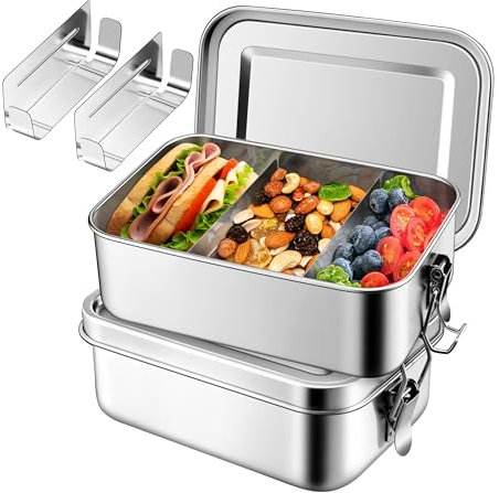 Homikit Brotdose mit Fächern, 2 Stück Edelstahl Bento Box Lunchbox für Kinder & Erwachsene, Lunch Box Brotzeitdose mit Abnehmbar Trennwand, Auslaufsicher & Dichtungsring, 1400ml+1400ml
