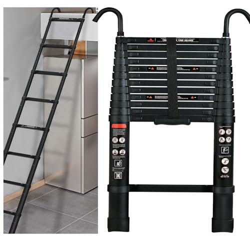 Generic Telescopic Ladder 3.8M, Aluminum, Black, 150kg Load, 11 Steps, Anti-Slip, Extendable, Stable & Secure