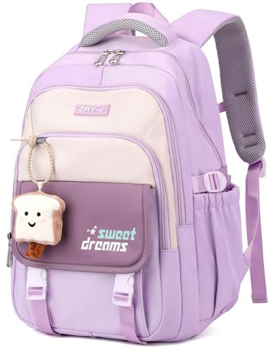 Makukke Zaino per la scuola, per adolescenti, per la scuola, per ragazze, 5° grado, 30 l, impermeabile, per la scuola, per bambini, con grazioso ciondolo, Lilla, L, Zaino daypack