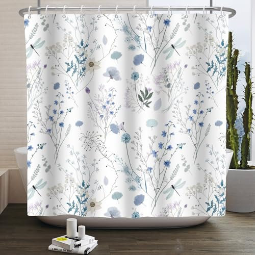 Kzzfqxb 152x183cm Rideaux de Douche à Fleurs Bleues Blanches avec Crochets, Bouquets de Fleurs Sauvages botaniques libellules imperméables pour Le Bain, Tissu Polyester pour Baignoire Salle