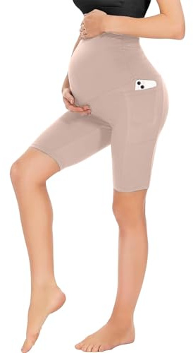 Risipu Pantalones cortos de maternidad para mujer sobre el abdomen para embarazo, pantalones cortos de motociclista, entrenamiento activo, correr, yoga, pantalones cortos con bolsillos, beige, M