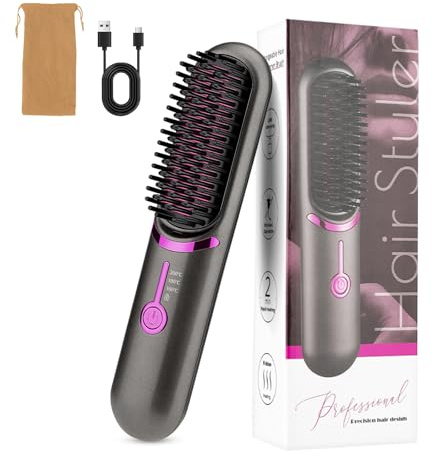 Anluomania Glättbürste Kabellos, Haarglätter Bürste 5200mAh, Tragbare Glättungsbürste, Verbrühungsschutz Glättungskamm, Mini Glätteisen Wiederaufladbare, Haarglätterbürste für Haarstyling 160°C-200°C