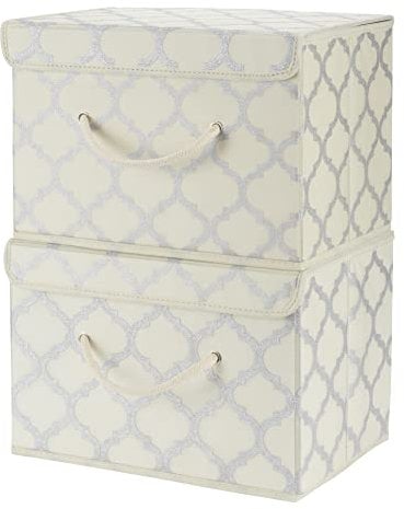 Cream/Metallic Fabric Storage Boxes with lids, Stackable and Foldable. For wardrobes, shelves, clothes, bedroom, office, cupboard, keepsake box, crafts, toys, shoes, socks. Rope Handle 2pk 37x25x25cm