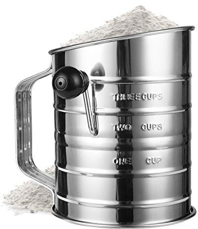 Annlend Mehlsieb zum Backen aus Edelstahl, 3 Tassen mit 4 Drähten Rührwerk, drehbare Handkurbel, feinmaschiges Sieb, korrosionsbeständig, Backsiebbecher