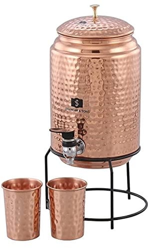 SHANKAR & SONS 5 Litre Copper Water Dispenser with Stand and 2 Glasses | BPA Free, Non-Toxic | Hammered Texture, Rustproof & Durable | with Added Health Benefits of Copper