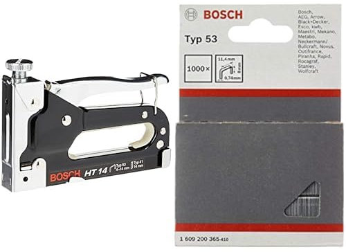 Bosch Accessories - Bosch 0 603 038 001 - Grapadora manual HT 14 - - - 0603038001 (pack de 1) + Bosch 1 609 200 365 - Pack de 1000 grapas de alambre fino tipo 53 (11,4 x 0,74 x 8 mm)