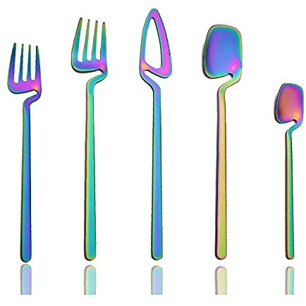 JASHII Juego de cubiertos colgantes de arco iris mate, juego de cubiertos de acero inoxidable, juego de cubiertos de vajilla de 20 piezas para 4, juego de utensilios de vajilla con acabado satinado,