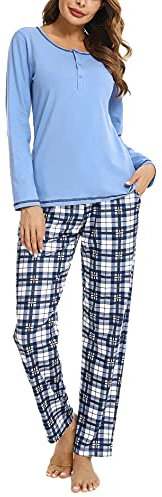 Litherday Pyjama Femme Hiver Ensembles de Pyjama Femme Coton Vêtement de Nuit à Manches Longues Tenue de Nuit à Carreaux Automne et Hiver,B Bleu M