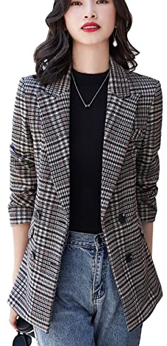 ebossy Blazer fin à double boutonnage pour femme motif pied-de-poule