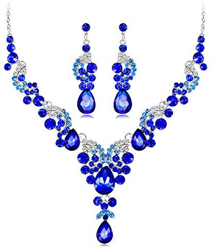 Wedity Braut Hochzeit Kristall Halskette Ohrringe Set Floral Choker Halsketten Tropfenförmiger Schmuck für Frauen und Mädchen (Blau)