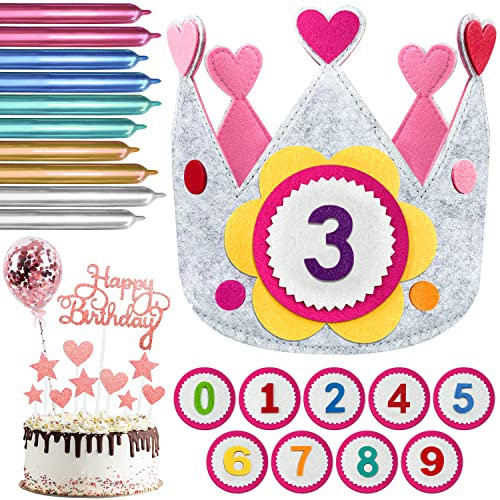 LBING Geburtstagskrone Kinder Rosa Geburtstagskrone Stoff Unisex Kinderkrone Krone Geburtstag mit Auswechselbaren den Zahlen 0-9 mit 10PCS Modellierung Ballons