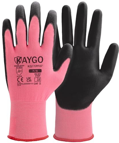 KAYGO 12 Paar Arbeitshandschuhe für Herren Damen, PU beschichtet Schutzhandschuhe, antirutsch Griff an Handflächen und Fingern, Geeignet für DIY allgemeine Arbeit Gartenarbeit (Rosa, S, Gr 7)