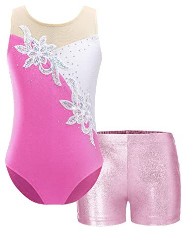 iEFiEL Mädchen Einhörner Turnanzug Glänzend Gymnastik Leotard Kinder Kleidung Set Ballett Trikot Tanz Kostüme mit Überkreuzte Träger Wa Rosa 134-140