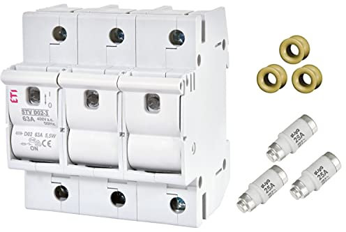 grenda-hammer® | Neozed Sicherung Lasttrennschalter Set D02-3-polig Set mit Schmelzeinsätzen und Passhülsen (Lasttrenner Set 3x25 Ampère)