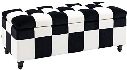 HOMCOM 114 x 47 x 47cm Velvet Storage Ottoman, Button-tufted Footstool Box, Toy Chest with Lid for Living Room, Bedroom, White and Black