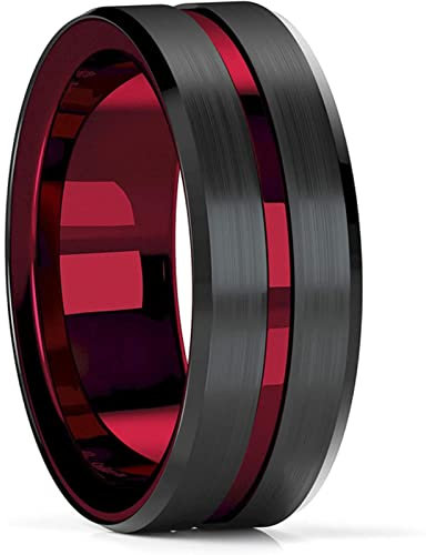 CHOUBAGUAI Modischer Ehering für Herren, 8 mm, roter Rillen, abgeschrägter Rand, schwarzer Wolfram-Ehering für Herren, schwarzer gebürsteter Stahl, Verlobungsring, Herren-10, Stil 2