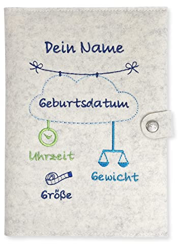 u heft hülle und impfpass Wolke personalisiert mit Namen und Geburtsdatum des Kindes weiß meliert mit extra Fächer und Lasche mit Druckknopf (blau)