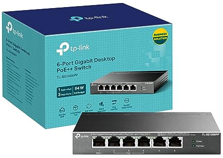 TP-Link 6-Port Gigabit Desktop Switch mit 3-Port PoE+ und 1-Port PoE++, PoE Auto Recovery, 64W Budget, Übertragungsreichweite bis zu 250m, langlebiges Metallgehäuse, Plug and Play (TL-SG1006PP)