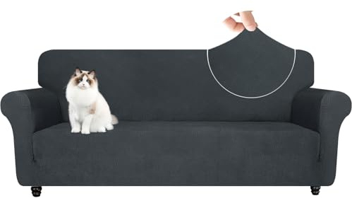 YSTELLAA Jacquard Stretch Sofa Überzug, 3 Sitzer, Dunkelgrau | Elastisch Sofabezug Mit Armlehnen, rutschfest, Universal modern, Couchüberzüge Sofahusse für Katze und Hund