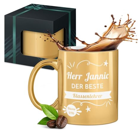 Maverton Keramik Kaffeetasse 330ml mit Gravur - Kaffeebecher mit funktionellem Henkel - personalisierter Keramikbecher für Männer zum Geburtstag zu Weihnachten - gold glänzend - Innen weiß - Lehrer