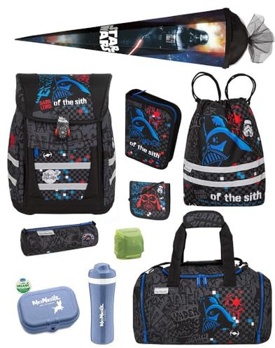 Familando - Star Wars Darth Vader Schulranzen Set für Jungen 1. Klasse - mit Schultüte 85 cm, Sporttasche, Dose, Flasche - Ergonomisch, Geräumig - 980 Gramm, 18 L Volumen - McNeill Teneris Schultasche